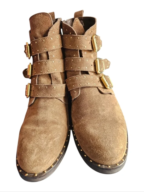 Minelli Italy Studded Leather Suede Ankle Boots With Buckle Dark Taupe Size 39 - Picture 7 of 11